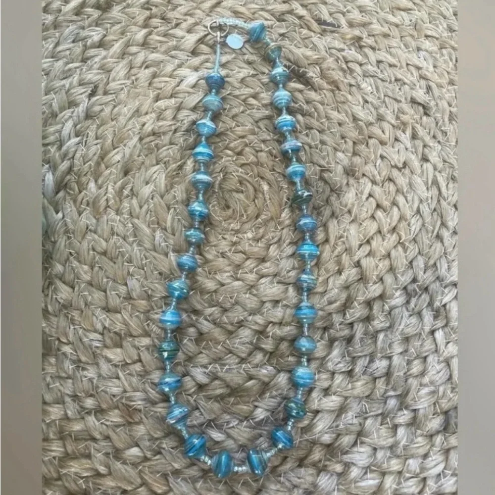 Boho chic teal Bead for Life Uganda African Recycled Paper Bead Blue Necklace
